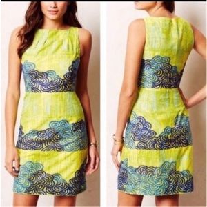 Anthropologie Tabitha Neon Yellow Chartreuse Scroll Embroidered Shift Dress 0